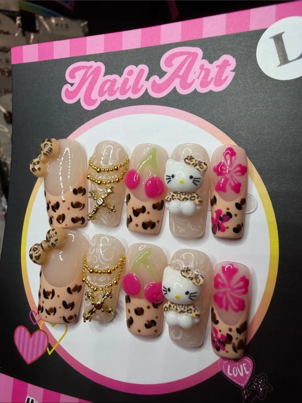 Hello Kitty Leopard Cherry Press-On Nails - Pink & Beige
